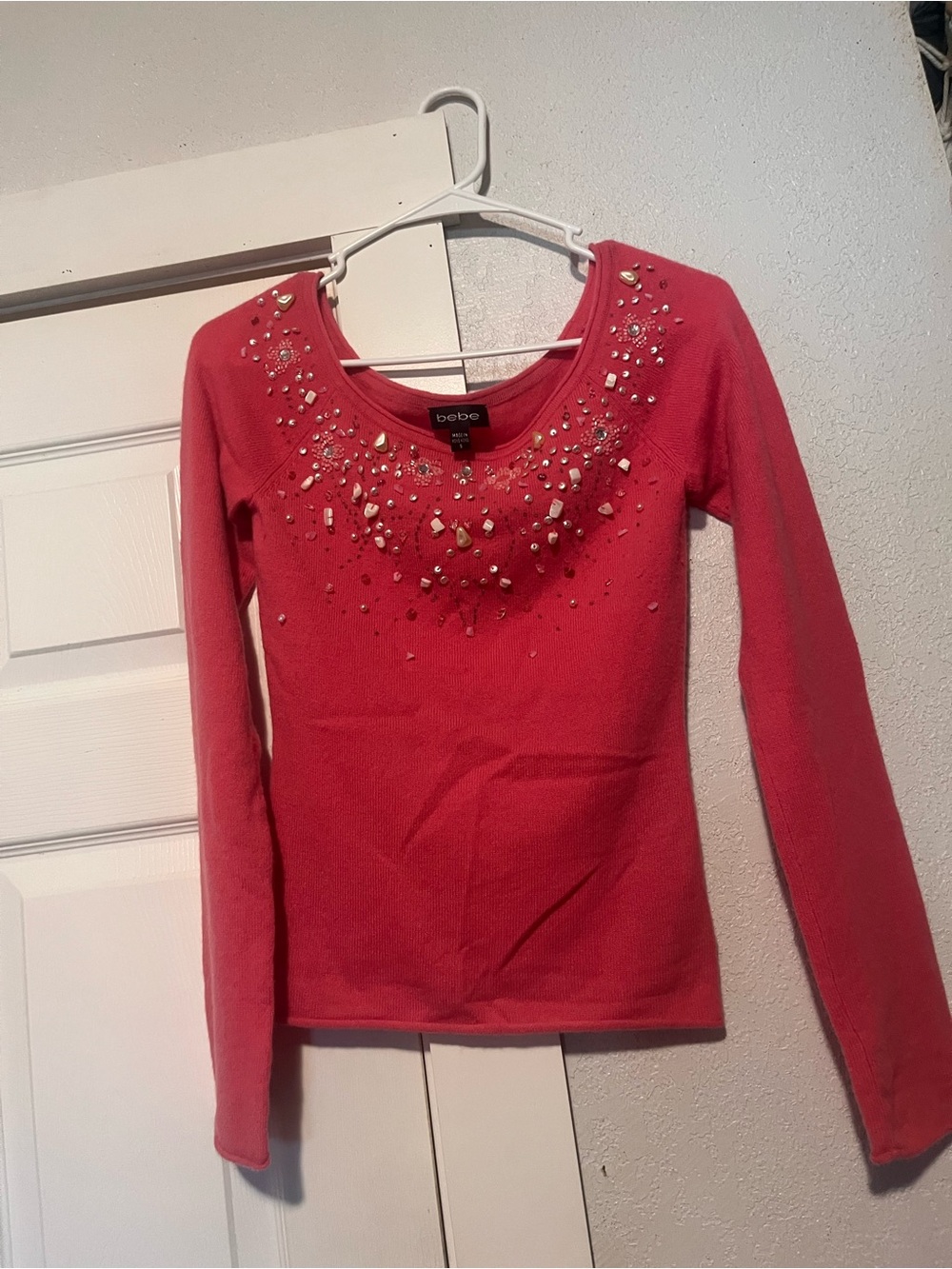 Vintage Y2K bebe Coral Pink Embellished Scoop Neck Long Sleeve Top 100%cashmere